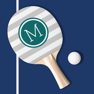 Grey and Dark Teal Preppy Stripes Monogram Ping Pong Paddle