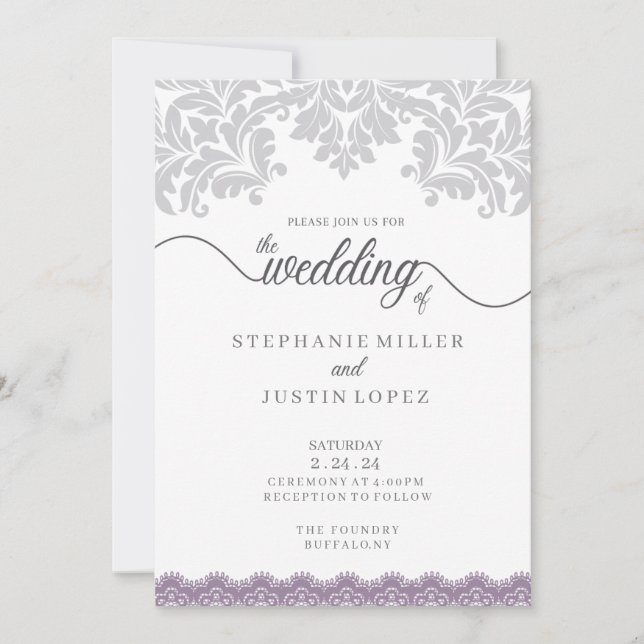 Grey and Dusty Purple Scroll Wedding Invitation (Front)