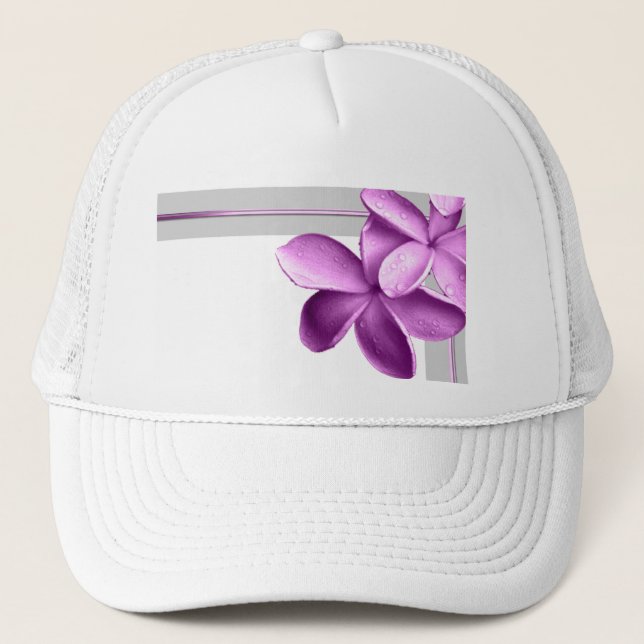Grey and Eggplant Plumeria Trucker Hat (Front)