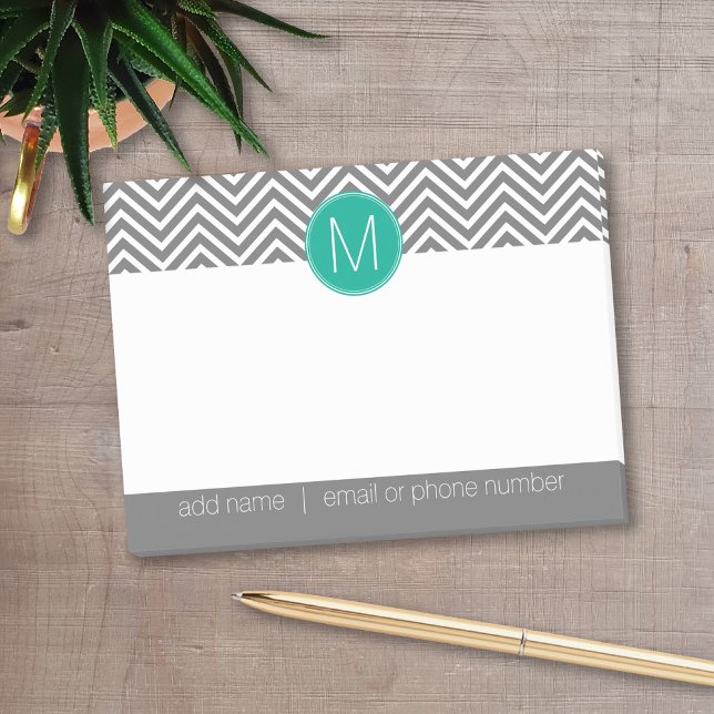 Grey and Emerald Chevrons with Single Monogram Post-it Notes (Personalized post-it notes with a monogram and contact information - low quantity available)