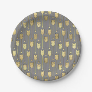 Grey and Faux Gold Arrows Pattern Paper Plate