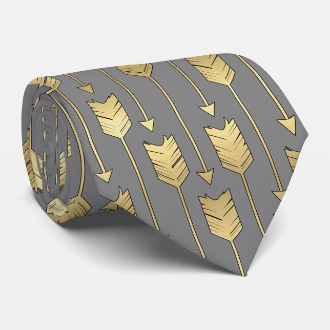 Grey and Faux Gold Arrows Pattern Tie (Rolled)