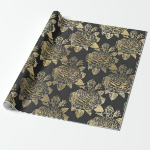 Grey and Faux Gold Vintage Roses Wrapping Paper
