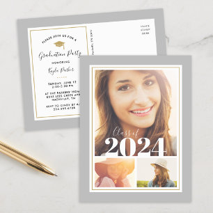 Grey and Gold 3 Photo Graduation Party Invitation