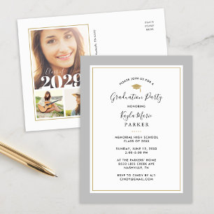 Grey and Gold 3 Photo Graduation Party Invitation