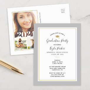 Grey and Gold 3 Photo Graduation Party Invitation