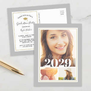 Grey and Gold 3 Photo Graduation Party Invitation