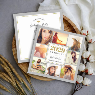 Grey and Gold 8 Photo Square Graduation Party Announcement