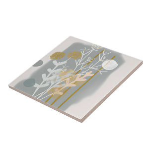 Grey and gold abstract botanical minimalist art tile