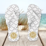 Grey and Gold Aztec Monogram Flip Flops<br><div class="desc">Custom printed flip flop sandals with a geometric Aztec pattern and your custom monogram or other text in a circle frame. Click Customise It to change text fonts and colours or add your own images to create a unique one of a kind design!</div>