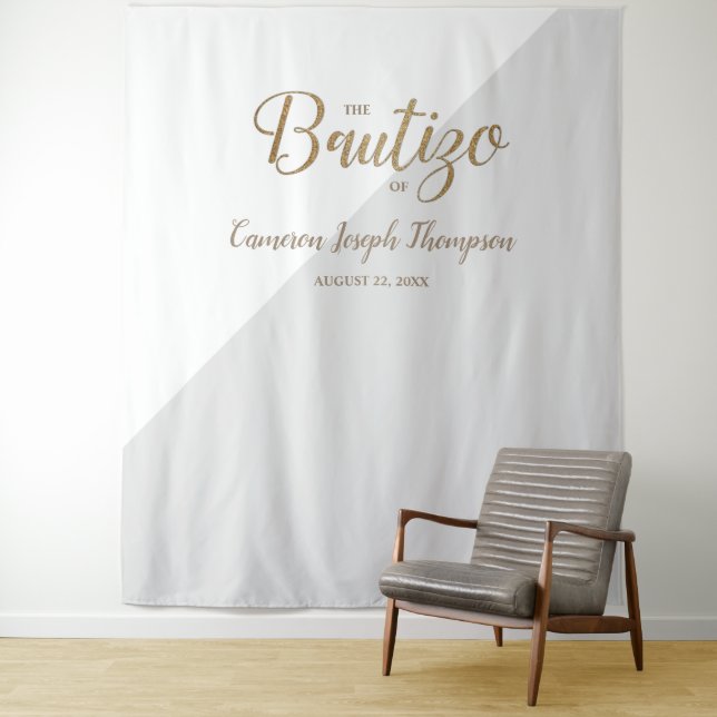 Grey and Gold baby Baptism Custom Bautizo backdrop Tapestry (In Situ)