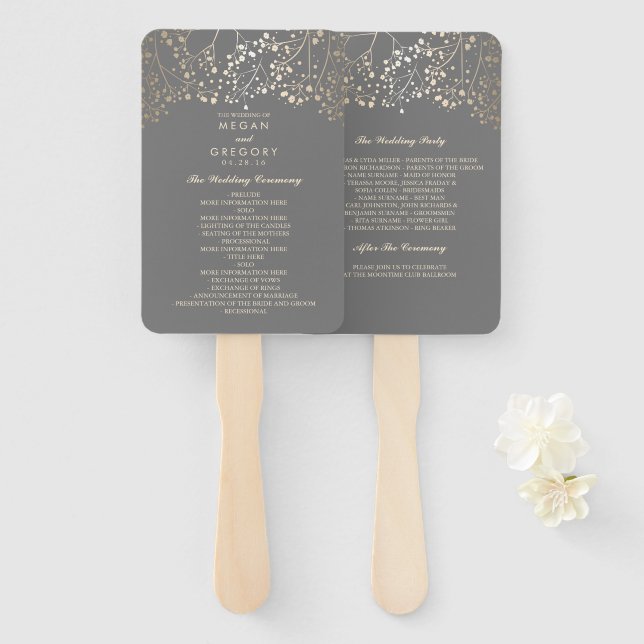 Grey and Gold | Baby's Breath Wedding Program Hand Fan (Front and Back)