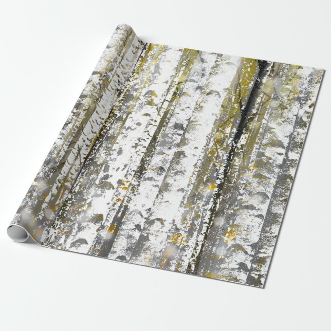 Grey and Gold Birch Trees Wrapping Paper (Unrolled)