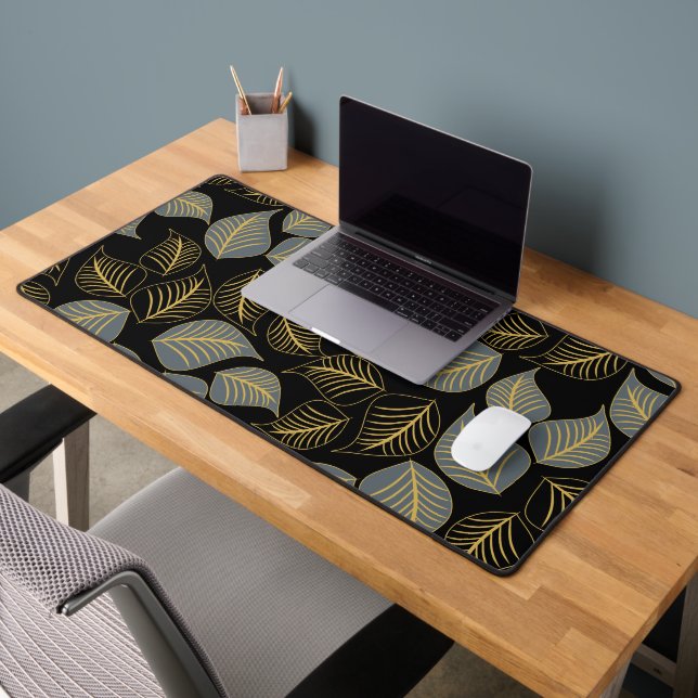 Grey and gold broad leaves pattern on black desk mat (Office 2)