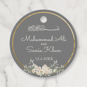 Grey and Gold Floral Islamic Muslim Wedding Favour Tags