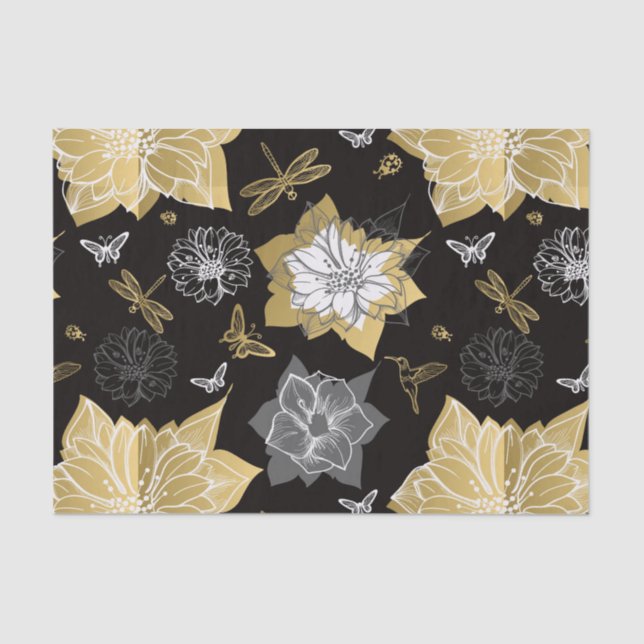 Grey And Gold Flowers Tissue Paper (Front)