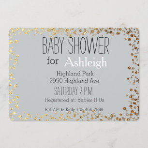 Grey and Gold Glitter Bokeh baby shower Invitation