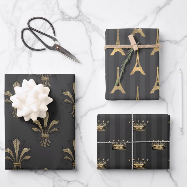 Grey and Gold Paris themed Wrapping Paper Sheet (Front)