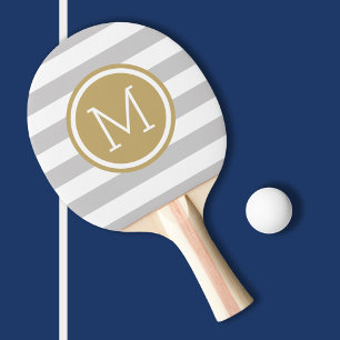 Grey and Gold Preppy Stripes Monogram Ping Pong Paddle