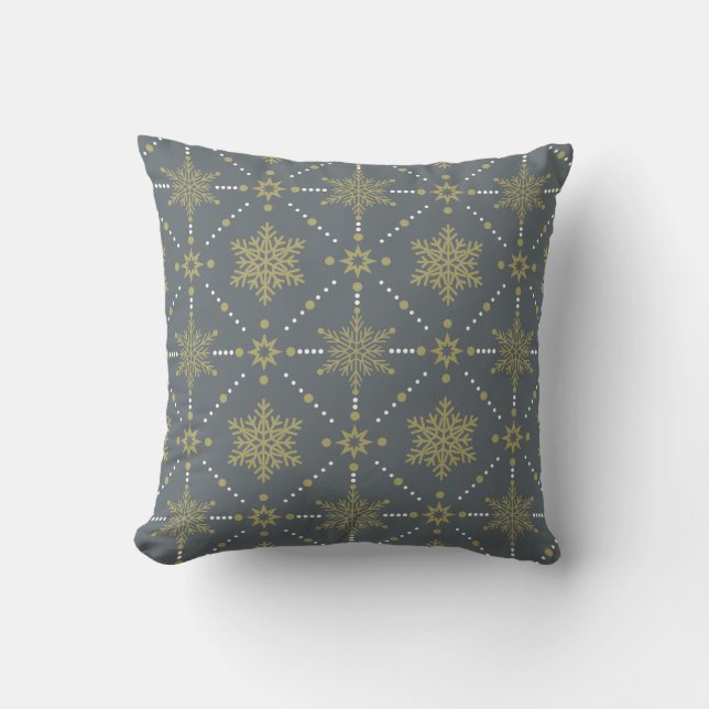 Grey and Gold Snowflakes Christmas Pattern Cushion (Front)