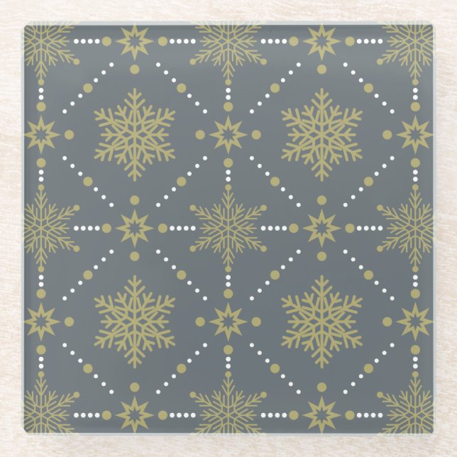 Grey and Gold Snowflakes Christmas Pattern Glass Coaster (Front)