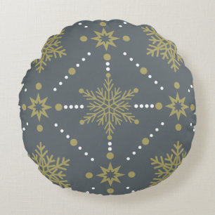 Grey and Gold Snowflakes Christmas Pattern Round Cushion