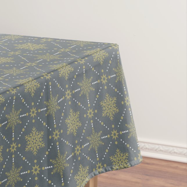 Grey and Gold Snowflakes Christmas Pattern Tablecloth (In Situ)