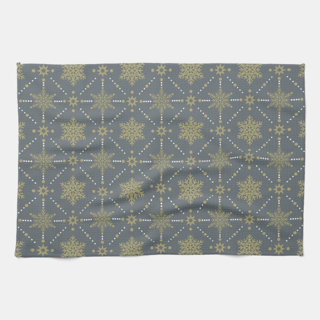 Grey and Gold Snowflakes Christmas Pattern Tea Towel (Horizontal)