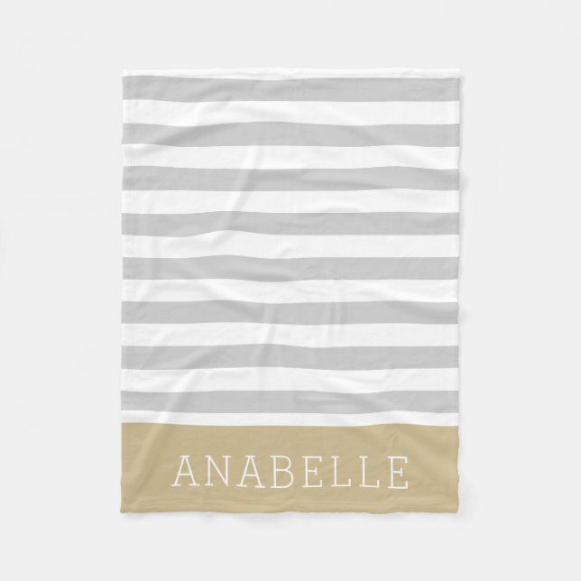 Grey and Gold Stripes Monogram | Editable Colours Fleece Blanket (Front)