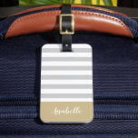 Grey and Gold Stripes Monogram | Editable Colours Luggage Tag<br><div class="desc">Stylish custom printed luggage tag in light grey, gold and white colours. This design features a preppy classic grey and white striped pattern. Personalise it with your name monogram or other custom text on the front. Add your contact information on the back side in case your luggage is lost during...</div>