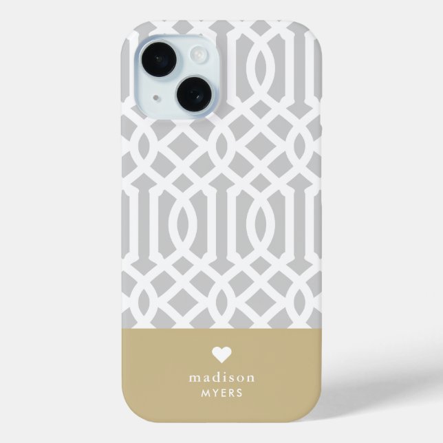 Grey and Gold Trellis Heart Monogram Case-Mate iPhone Case (Back)