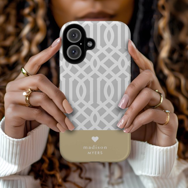 Grey and Gold Trellis Heart Monogram Case-Mate iPhone Case (Creator Uploaded)