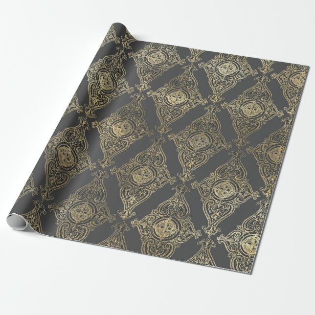 Grey and Gold Vintage Damask Wrapping Paper (Unrolled)