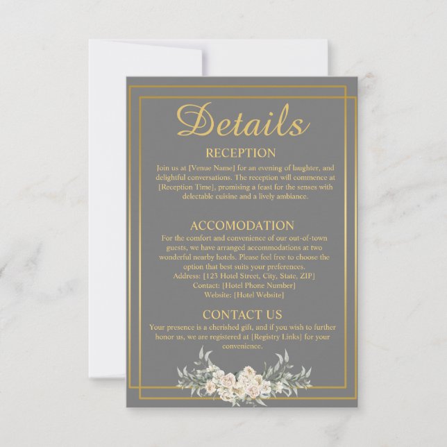 Grey and Gold Wedding Details Enclosure Card (Front)