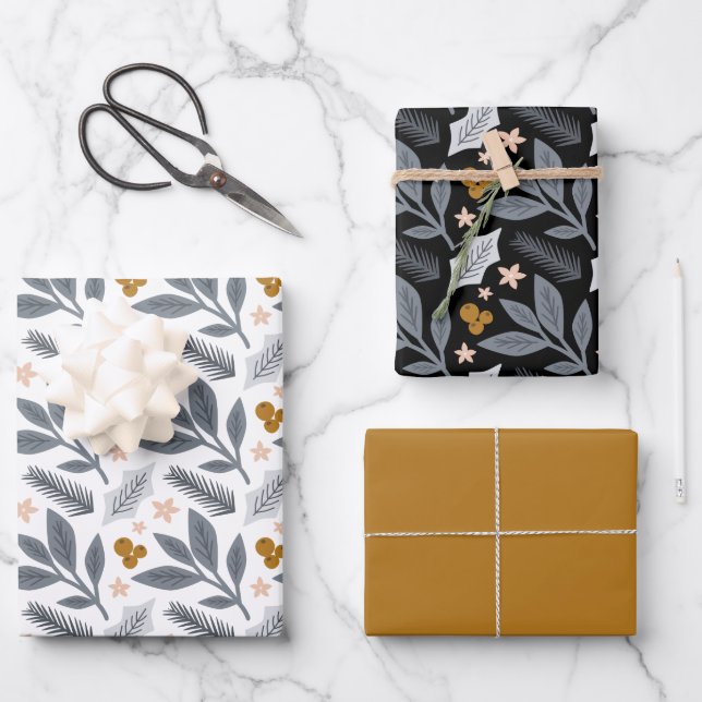 Grey and Gold Winter Florals Holiday Wrapping Paper Sheet (Front)
