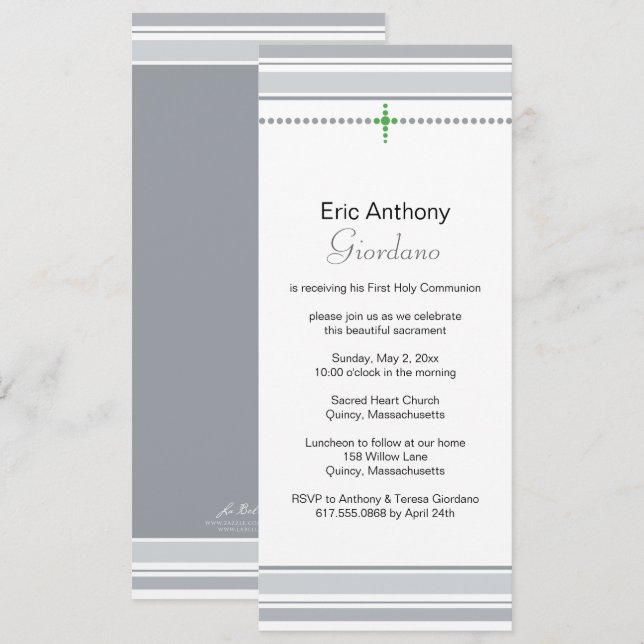 Grey and Green Cross First Communion Invitation (Front/Back)