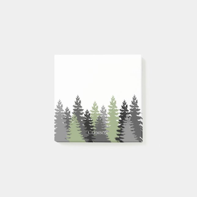 Grey and Green Evergreen Trees Elegant and Rustic Post-it Notes (Front)