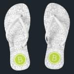 Grey and Green Floral Damask Monogram Flip Flops<br><div class="desc">Custom printed flip flop sandals with a stylish elegant floral damask pattern and your custom monogram or other text in a circle frame. Click Customise It to change text fonts and colours or add your own images to create a unique one of a kind design!</div>