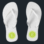 Grey and Green Greek Key Monogram Flip Flops<br><div class="desc">Custom printed flip flop sandals with a stylish modern Greek key pattern and your custom monogram or other text in a circle frame. Click Customise It to change text fonts and colours or add your own images to create a unique one of a kind design!</div>