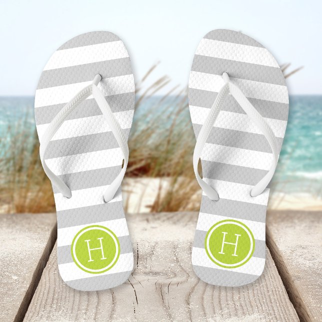Grey and Green Preppy Stripes Monogram Flip Flops (Creator Uploaded)