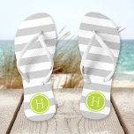 Grey and Green Preppy Stripes Monogram Flip Flops<br><div class="desc">Custom printed flip flop sandals with a preppy nautical stripe pattern and your custom monogram or other text in a circle frame. Click Customise It to change text fonts and colours or add your own images to create a unique one of a kind design!</div>