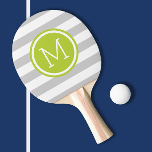 Grey and Green Preppy Stripes Monogram Ping Pong Paddle