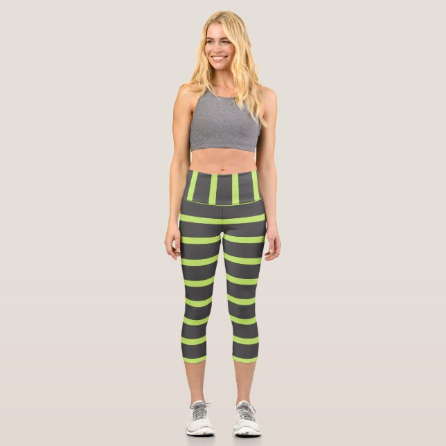 Grey and Green Stripes Capri Leggings (Front)