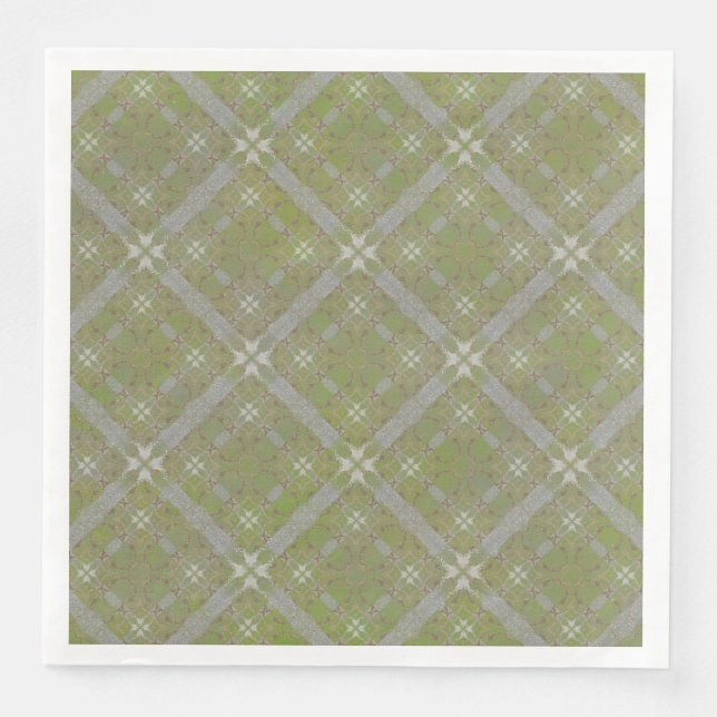 Grey and Green Tiled Scroll Diamond Pattern Napkin (Front)
