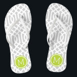 Grey and Green Trellis Monogram Flip Flops<br><div class="desc">Custom printed flip flop sandals with a stylish modern trellis pattern and your custom monogram or other text in a circle frame. Click Customise It to change text fonts and colours or add your own images to create a unique one of a kind design!</div>