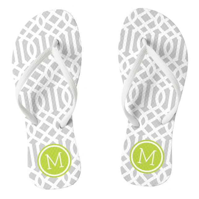 Grey and Green Trellis Monogram Flip Flops (Footbed)