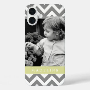 Grey and Green Zigzags Personalised Photo iPhone 16 Plus Case