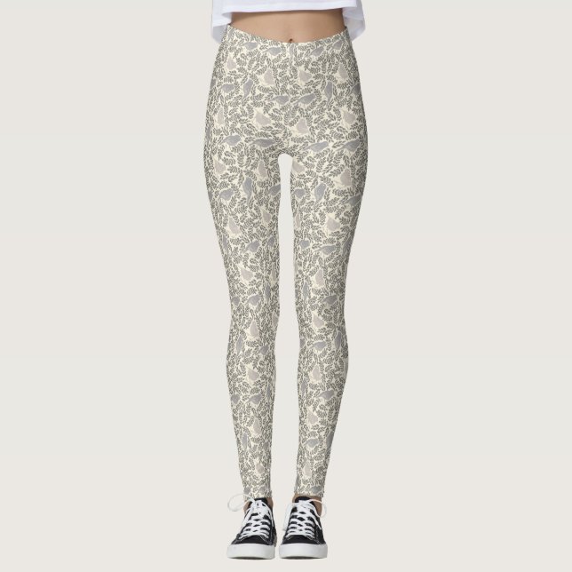 Grey and Ivory Bird Pattern Leggings (Front)