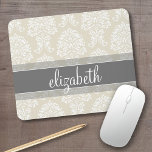 Grey and Ivory Vintage Damask Pattern with Name Mouse Mat<br><div class="desc">An elegant pattern with a classy font designed for a feminine woman. Add your name or monogram. If you need to make adjustments to the artwork,  click on the customise it button to make changes.</div>