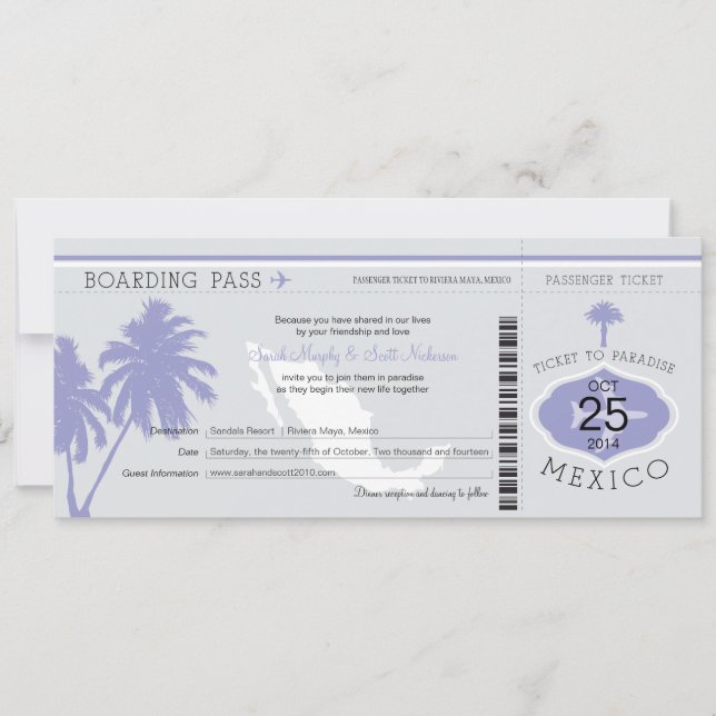 Grey and Lavender Mexico Boarding Pass Wedding Invitation (Front)